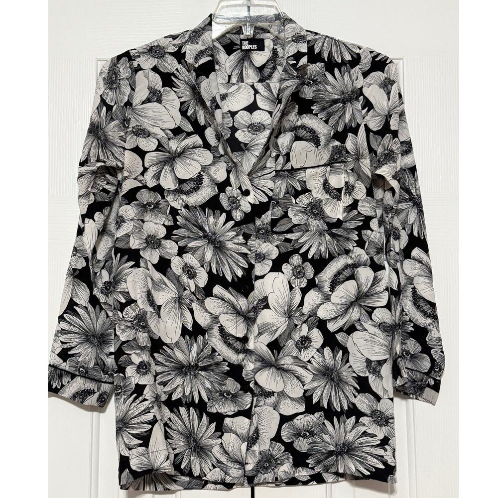 The Kooples Women's 100% Silk Floral Print Blouse, Black & Off-White, Size S